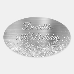 Adesivo Oval Papel Prateado Brilhante Aniversário de 50 anos