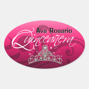 Adesivo Oval Partido Mi Quinceañera Espeta Tiara (fuschia)