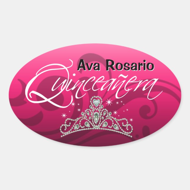 Adesivo Oval Partido Mi Quinceañera Espeta Tiara (fuschia) (Frente)