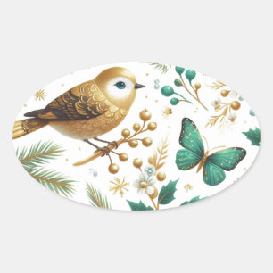 Adesivo Oval Pássaro Dourado Borboleta Esmeralda Botânico