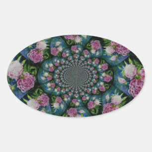 Adesivo Oval Pedônio branco-rosa, cor-de-água floral, mandala