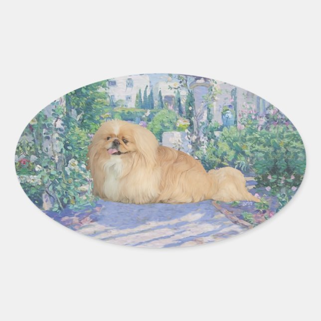 Adesivo Oval Pekingese na Lavanda (Frente)