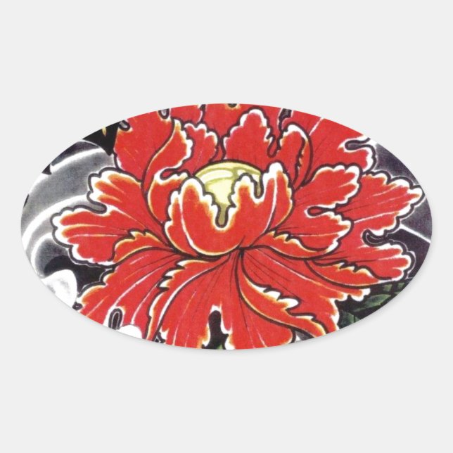 Adesivo Oval Peony Flower - design de tatuagem japonesa (Frente)