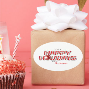 Adesivo Oval Pepperminta Feliz Feriados Personalizados do Balão