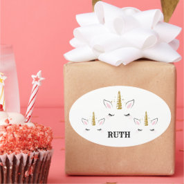 Adesivo Oval Personalized Birthday Unicorn Glitter Design with