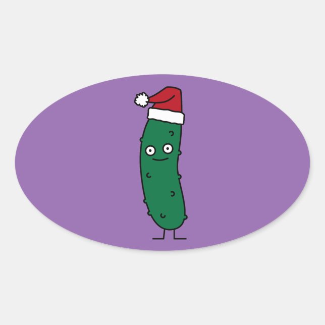 Adesivo Oval Pickle Natal vestindo um Chapéu Santa (Frente)