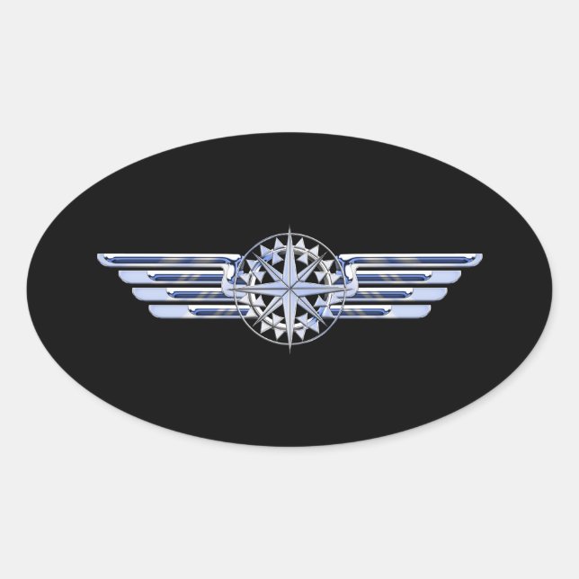 Adesivo Oval Piloto de avião Chrome Like Wings Compass em preto (Frente)