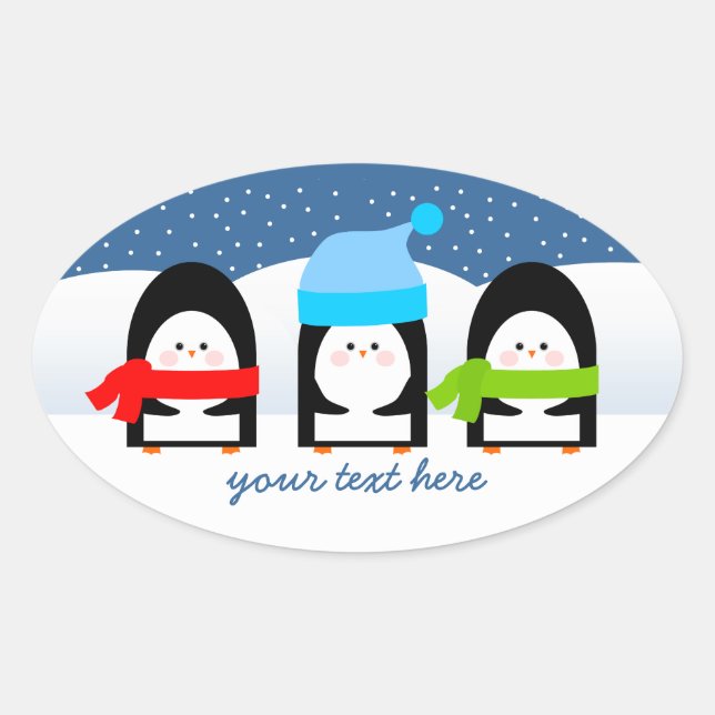 Adesivo Oval Pinguim de inverno Trio Snowy Night Oval Sticker (Frente)