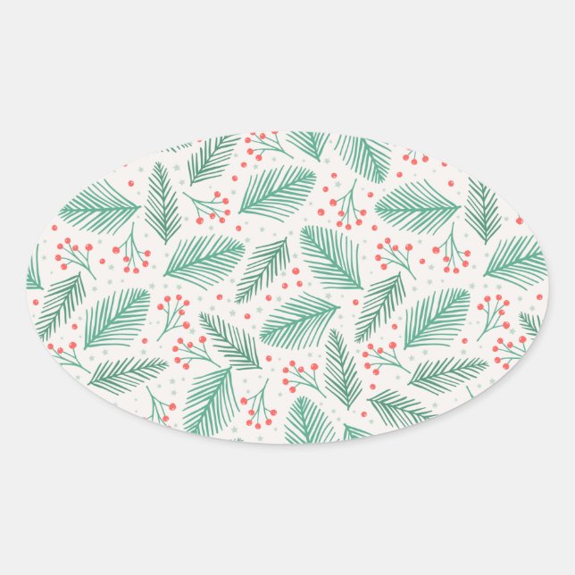 Adesivo Oval Pinheiro de Natal desenhado à mão Ramifica Verde V (Frente)