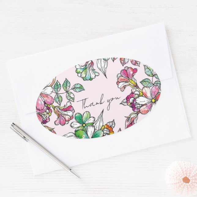 Adesivo Oval Pink and green flowers (Envelope)