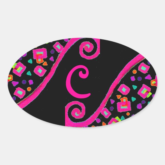 ADESIVO OVAL PINK FUCHSIA BLACK ABSTRATO DECO MONOGRAMA (Frente)