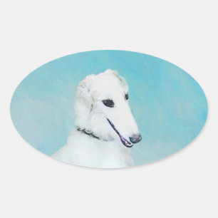 Adesivo Oval Pintura de Borzoi (branca) - Arte de Cachorro Orig