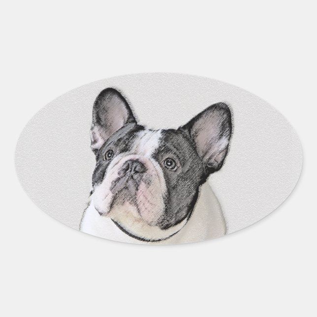 Adesivo Oval Pintura de Bulldog Francês (Brindle Pied) - Arte C (Frente)