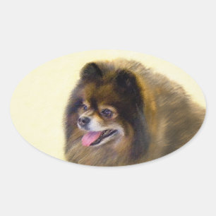 Adesivo Oval Pintura de Cão Original Pomerana de Preto e Tan