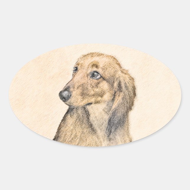 Adesivo Oval Pintura de Dachshund (Longhaired) - Arte de Cão Or (Frente)