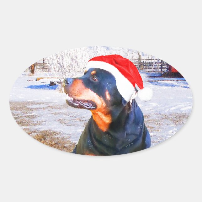 Adesivo Oval Pintura de Natal do Cão Rottweiler (Frente)