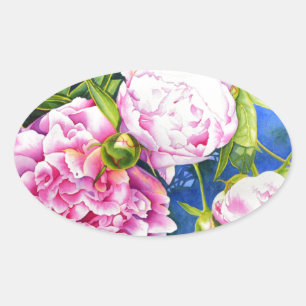 Adesivo Oval Pintura de pénia branca rosa  floral romântico