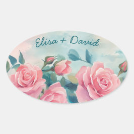 Adesivo Oval Pintura de Rosas Cor-de-Rosa Chá de Bebê de Noiva 