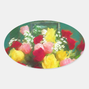 Adesivo Oval Pintura de Rose Bouquet - Arte Flor Original Custa