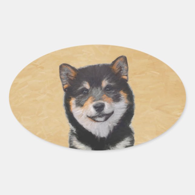 Adesivo Oval Pintura de Shiba Inu (Preto e Latão) - Arte Canina (Frente)
