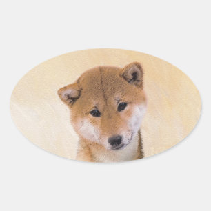 Adesivo Oval Pintura de Shiba Inu (Vermelho) - Arte de Cachorro