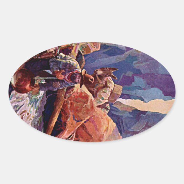 Adesivo Oval Pintura de Vintage Miner e Donkey (Frente)