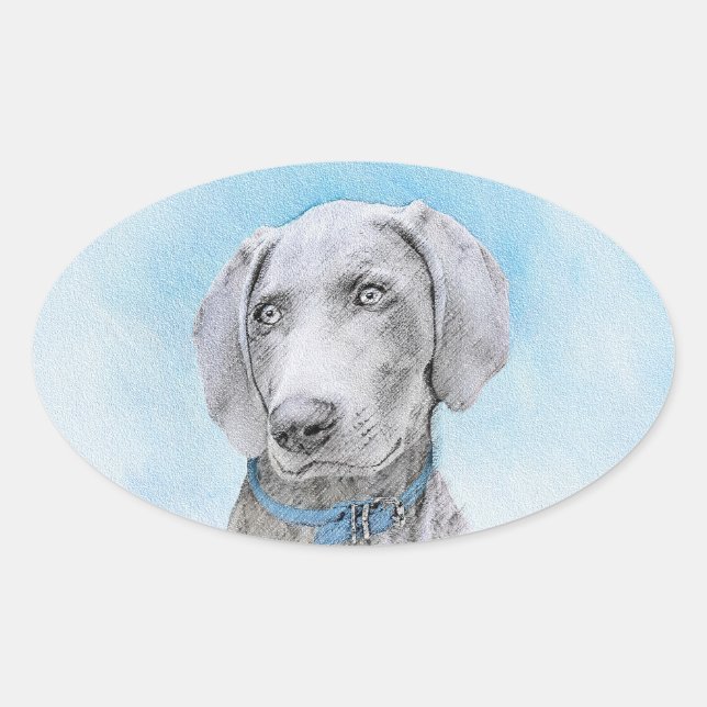Adesivo Oval Pintura de Weimaraner - Arte de Cachorro Original (Frente)