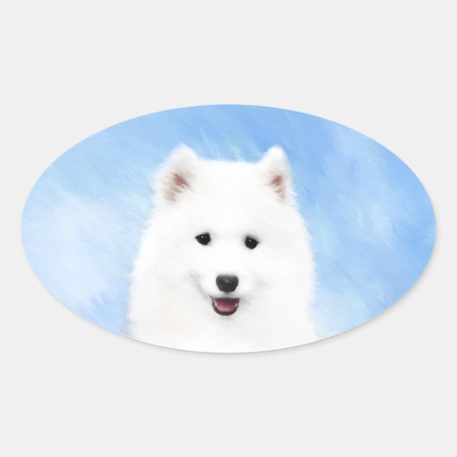 Adesivo Oval Pintura Samoyed Puppy - Arte Cachorra Original (Frente)