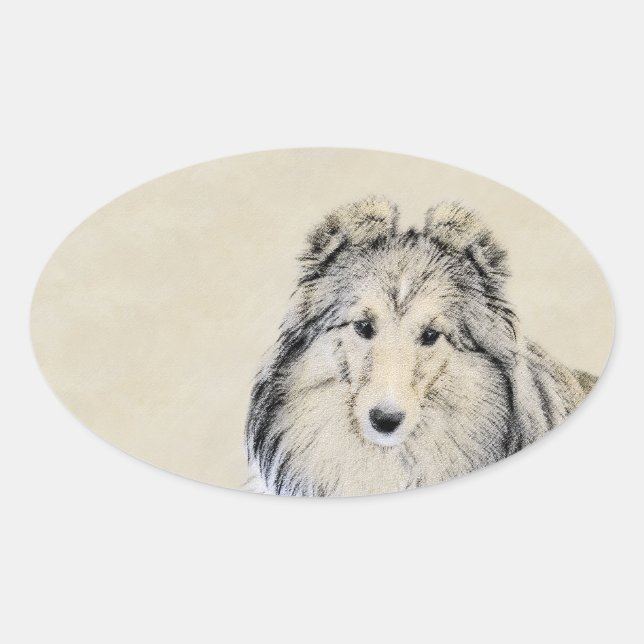 Adesivo Oval Pintura Shetland Sheepdog - Arte Cachorreira Origi (Frente)