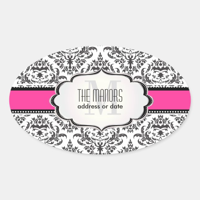 Adesivo Oval PixDezines Preto+Branco Céline Damask/DIY cor (Frente)