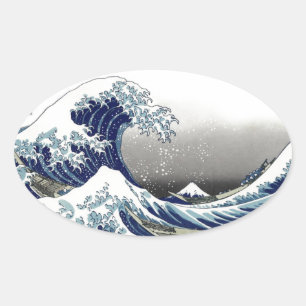 Adesivo Oval PixDezines Vintage, Grande Onda, Hokusai 葛飾北斎の神奈川沖