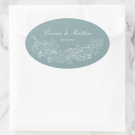 Adesivo Oval Pó de Ornamento Clássico Azul Desbotado Casamento