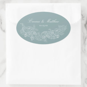 Adesivo Oval Pó de Ornamento Clássico Azul Desbotado Casamento 