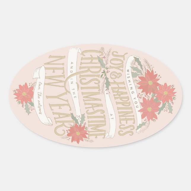 Adesivo Oval Poinsettia boughes e banners (Frente)