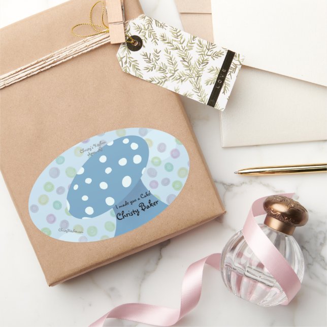 Adesivo Oval Pontos e Bolinhas Padaria Cogumelo Azul (Presentear)