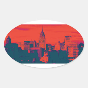 Adesivo Oval Pop de Nova Iorque de Estilo Retro Vermelho Pontil