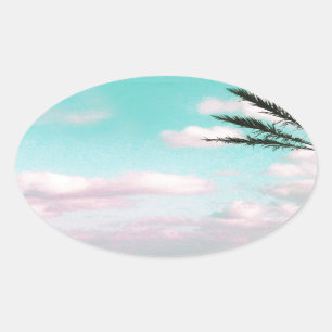 Adesivo Oval Praia Tropical, Vista Oceânica, Nuvens Rosa, Palm