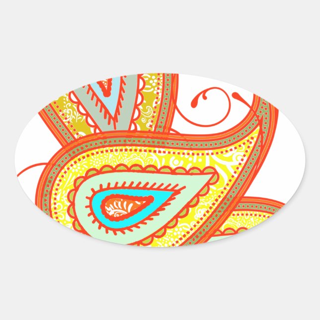 Adesivo Oval Presentes de Mint Paisley Laranja Amarelo Moderno (Frente)