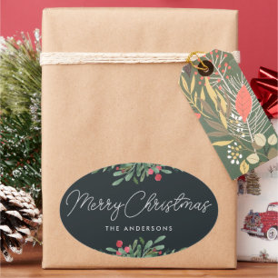 Adesivo Oval Presentes de Natal Botânicos de Férias