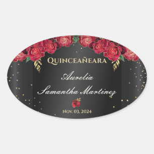Adesivo Oval Preto com Rosas vermelhas Quinceañera Calcamonias