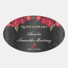 Adesivo Oval Preto com Rosas vermelhas Quinceañera Calcamonias