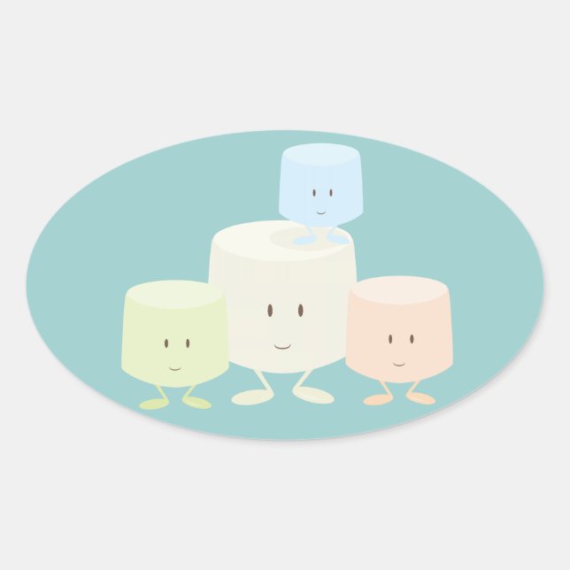 Adesivo Oval Quatro marshmallows que sorriem junto (Frente)