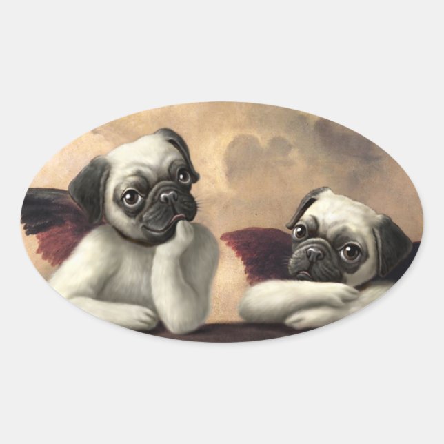 Adesivo Oval Querubins do Pug inspirados por Raphael (Frente)