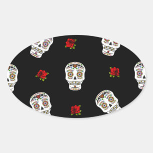 Adesivo Oval RAB Rockabilly Açúcares Caveiras Rosas Em Preto
