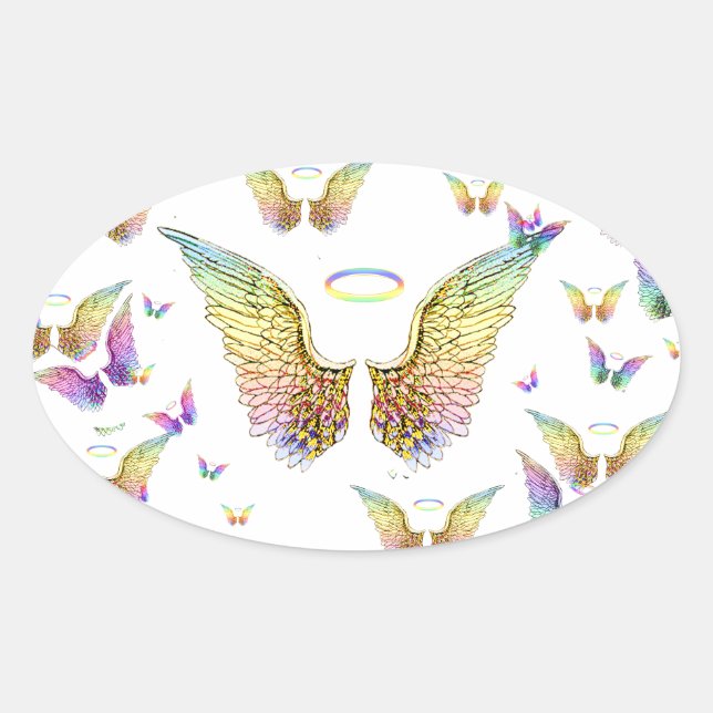 Adesivo Oval Rainbow Angel Wings e Halos (Frente)