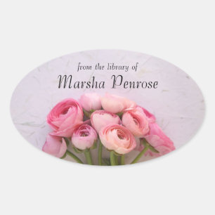 Adesivo Oval Ranúnculo cor-de-rosa no bookplate textured do