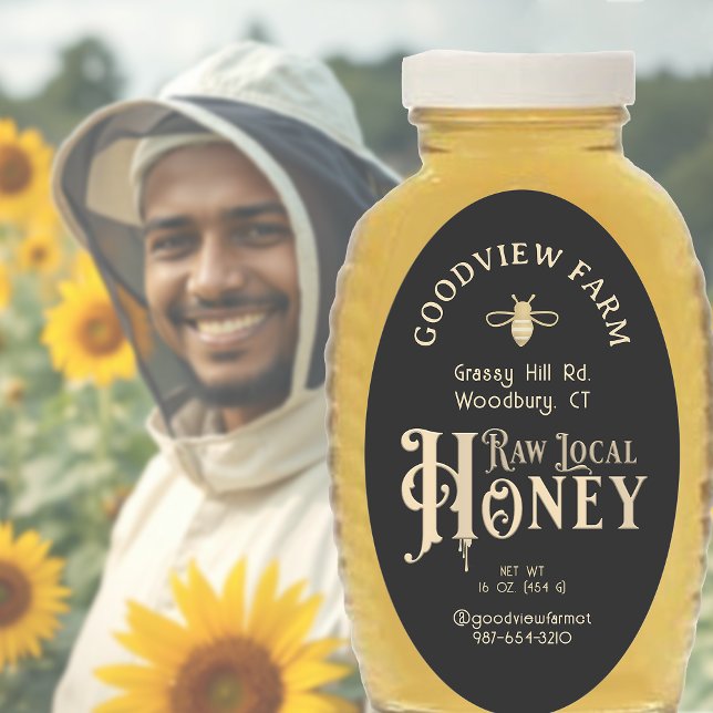 Adesivo Oval Raw Local Honey Custom Label com Abelhas em Preto (Criador carregado)
