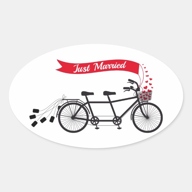 Adesivo Oval Recem casados, bicicleta tandem de casamento (Frente)