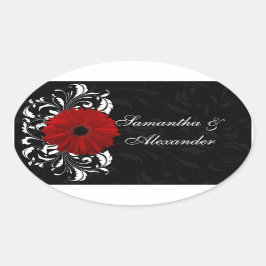 Adesivo Oval Red, Black and White Scroll Gerbera Daisy
