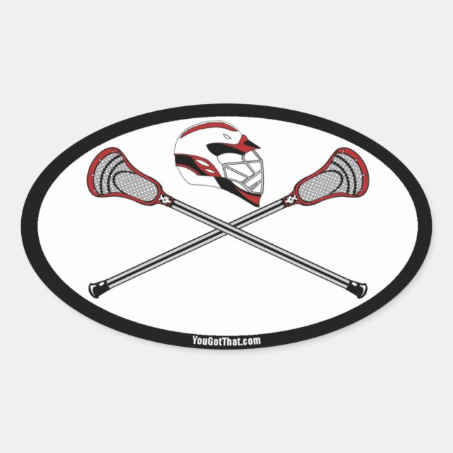 Adesivo Oval Red Lacrosse Sticks and Helmet (Frente)